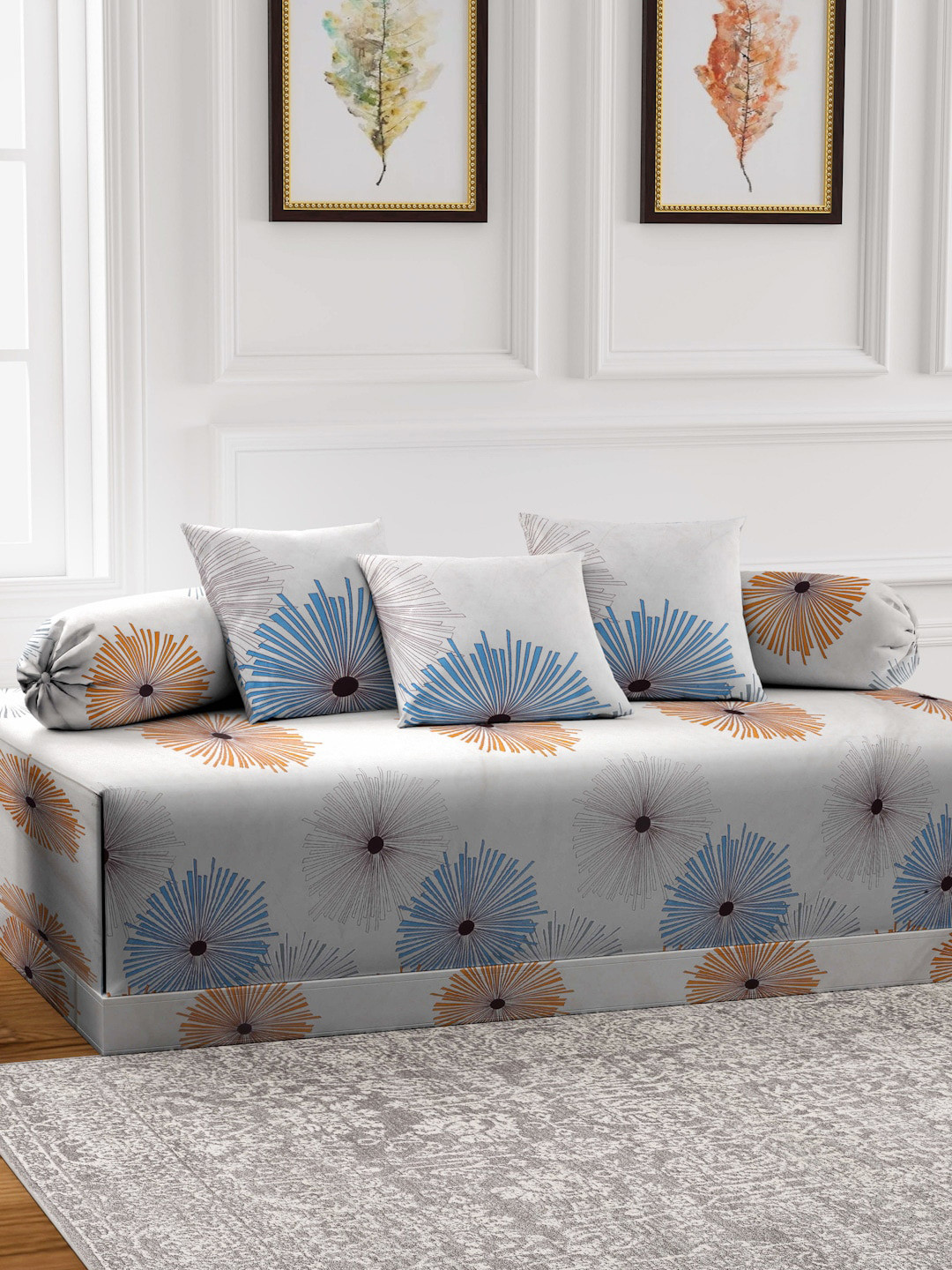Arrabi Beige & Green 6 Pieces Graphic-Printed Diwan Set