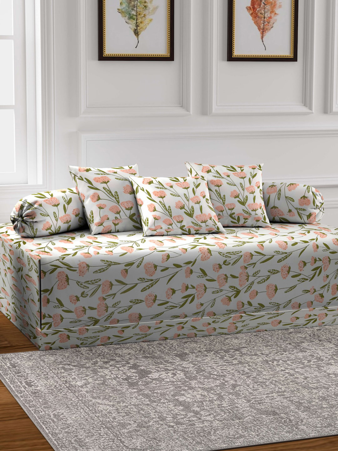 Arrabi 6Pcs Cream-Colored & Pink Floral-Printed Diwan Set