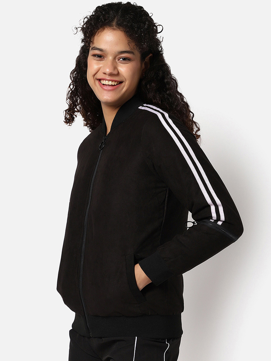 Campus Sutra Women Black Floral Suede Windcheater Outdoor Bomber with Embroidered Jacket