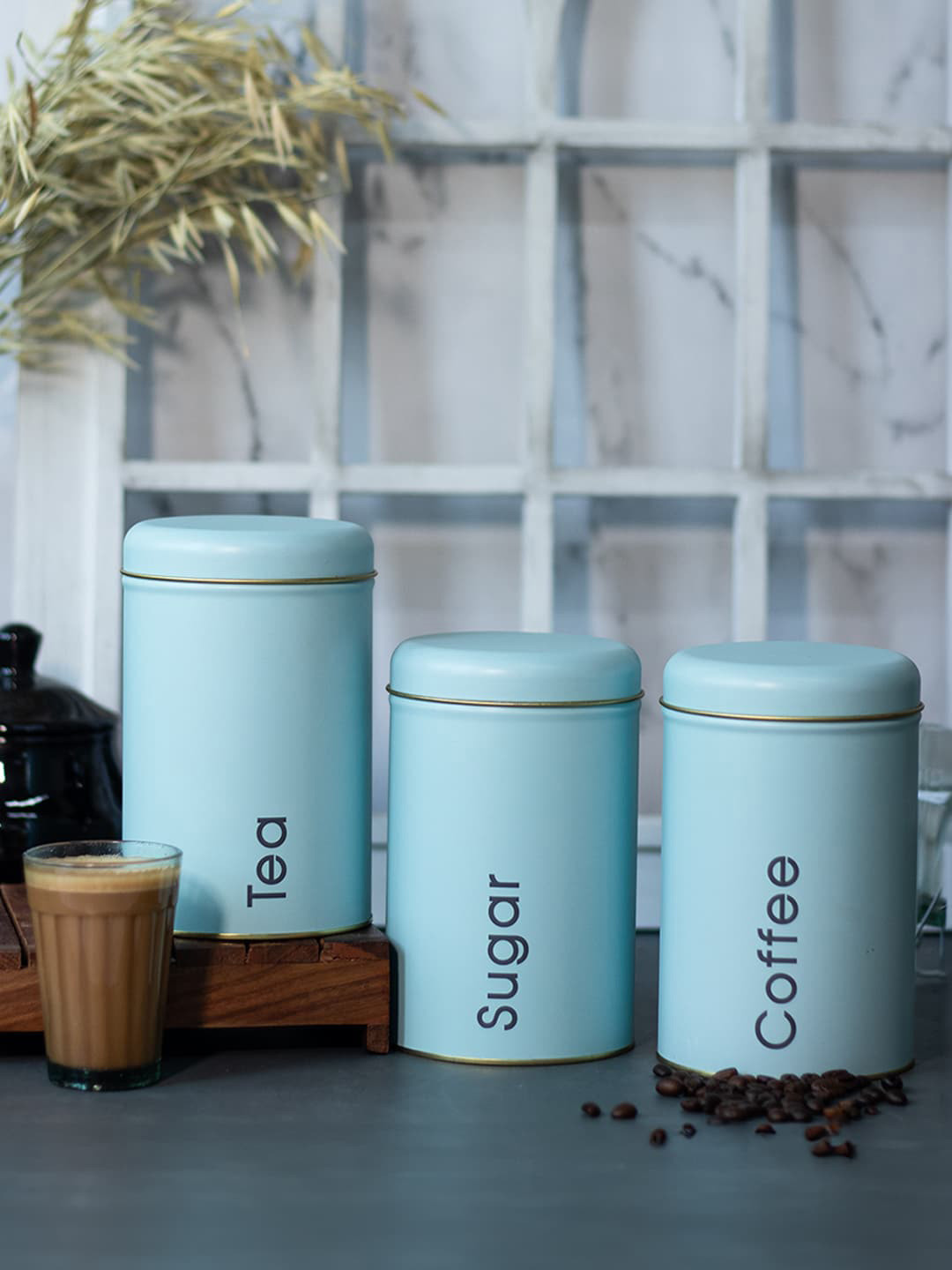 Market99 Blue Typography Metal Dishwasher Safe 3 Piece Clip-On Canister-1.45L