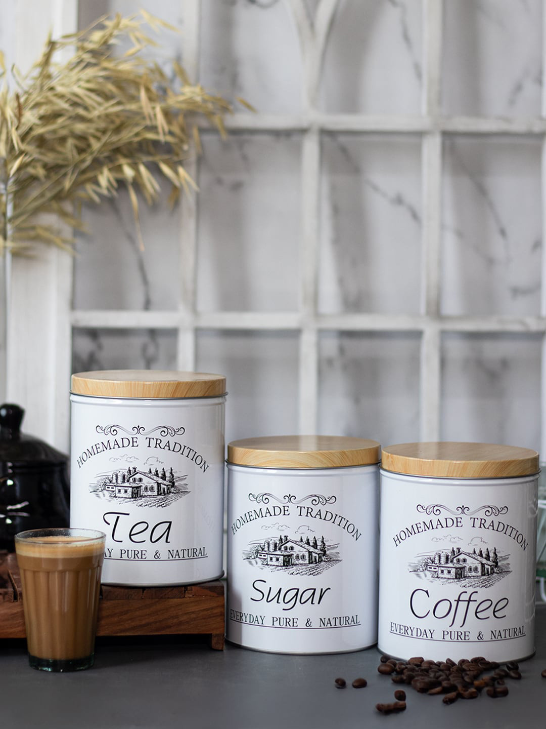 MARKET99 White 3 Pieces Dishwasher Safe Metal Jar - 1.45 L Each