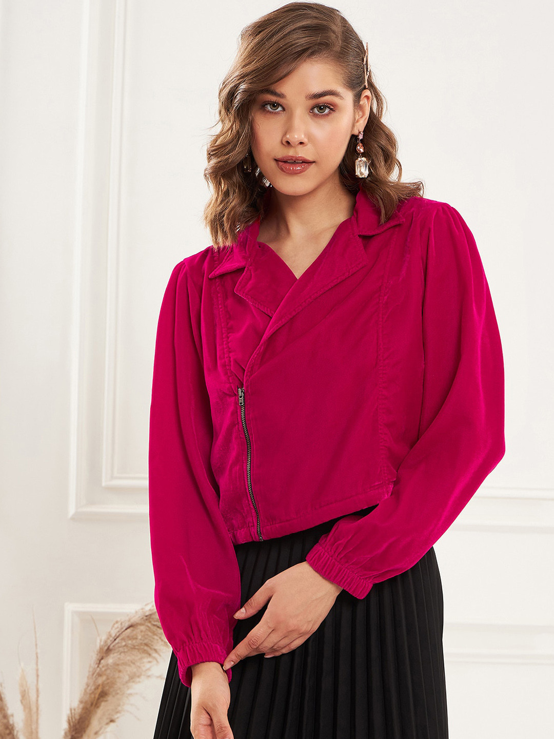 Antheaa Pink Lapel Collar Long Sleeve Velvet Tailored Jacket