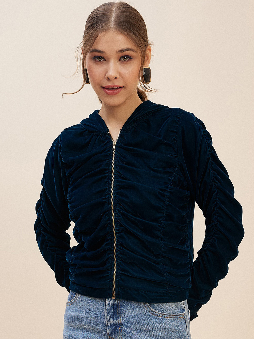 Antheaa Teal Blue Self Design Hooded Neck Long Sleeves Velvet Tailored Jacket