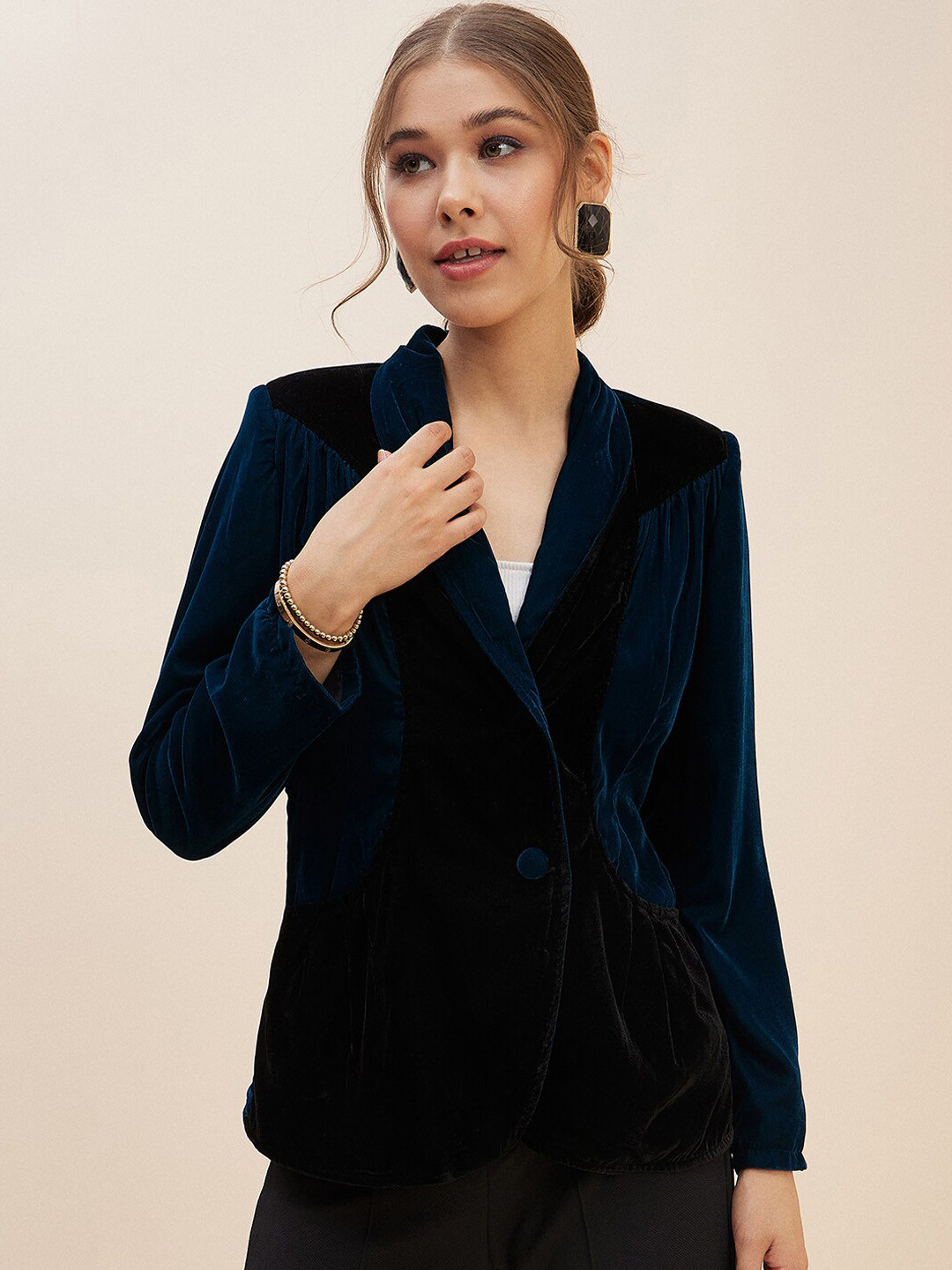 Antheaa Teal Shawl Collar Long Sleeves Single-Breasted Velvet Blazers