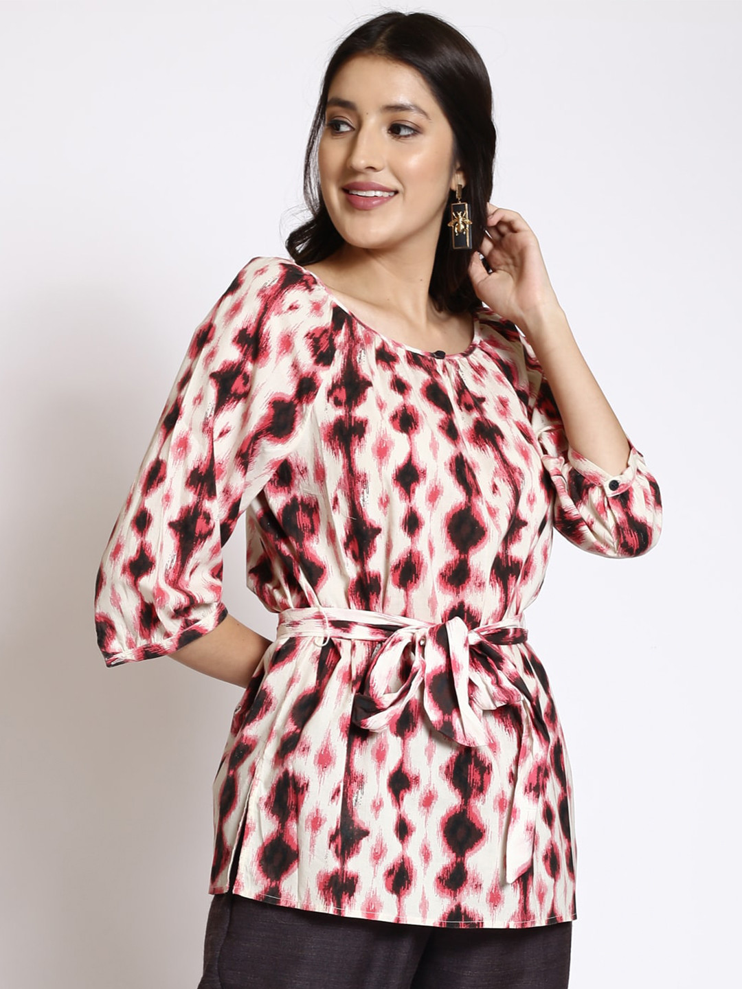 250 DESIGNS Abstract Printed Cuffed Sleeves Top With Belt