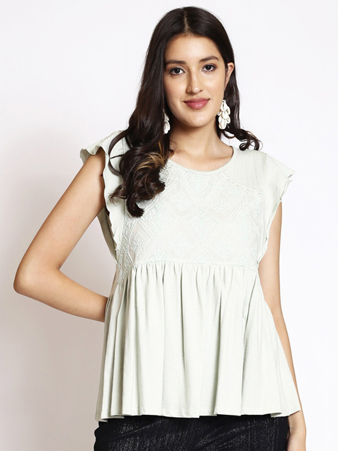 250 DESIGNS Geometric Embroidered Round Neck Flared Sleeve Gathered A-Line Top