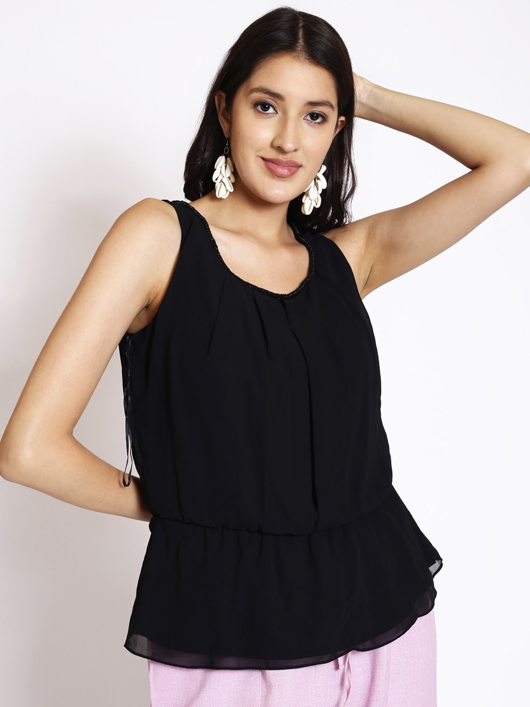 250 DESIGNS Round Neck Sleeveless Gathered Cinched Waist Top