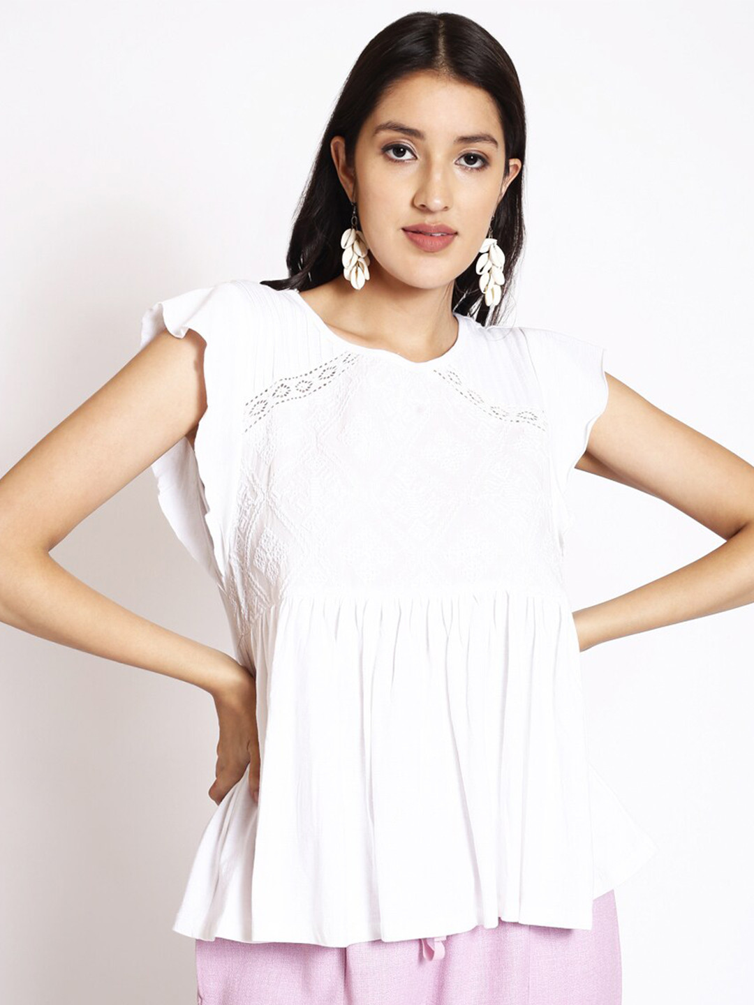250 DESIGNS Ethnic Motifs Embroidered Gathered Detailed Peplum Top