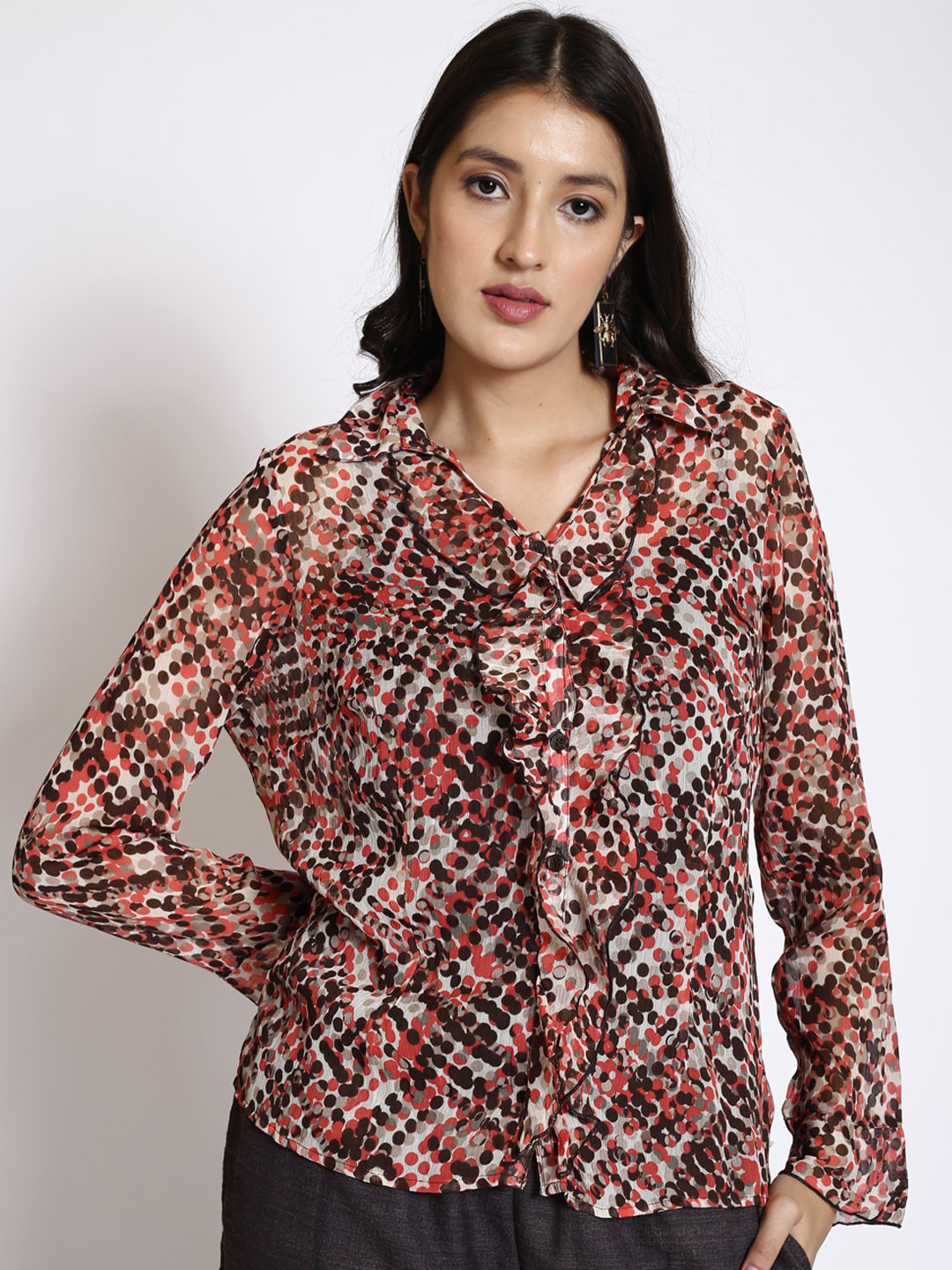 250 DESIGNS Abstract Printed Ruffles Shirt Style Top