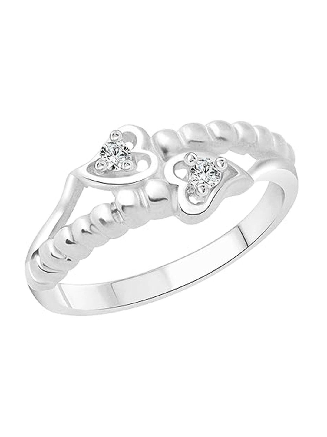 Vighnaharta Rhodium Plated CZ Studded Dual Rope Double Heart Finger Ring