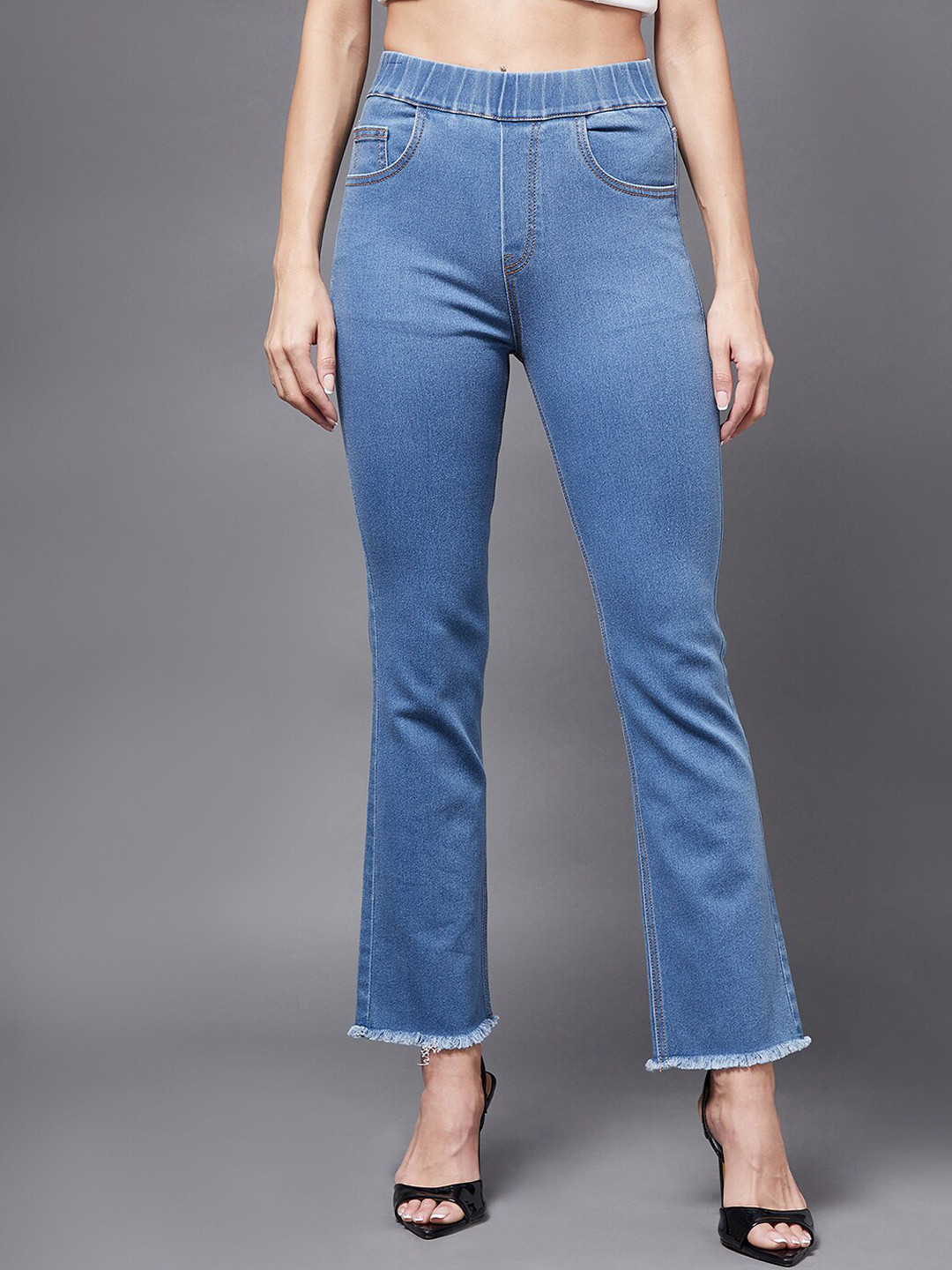 DressBerry Women Flared Clean Look Frayed Hem Stretchable Jeans