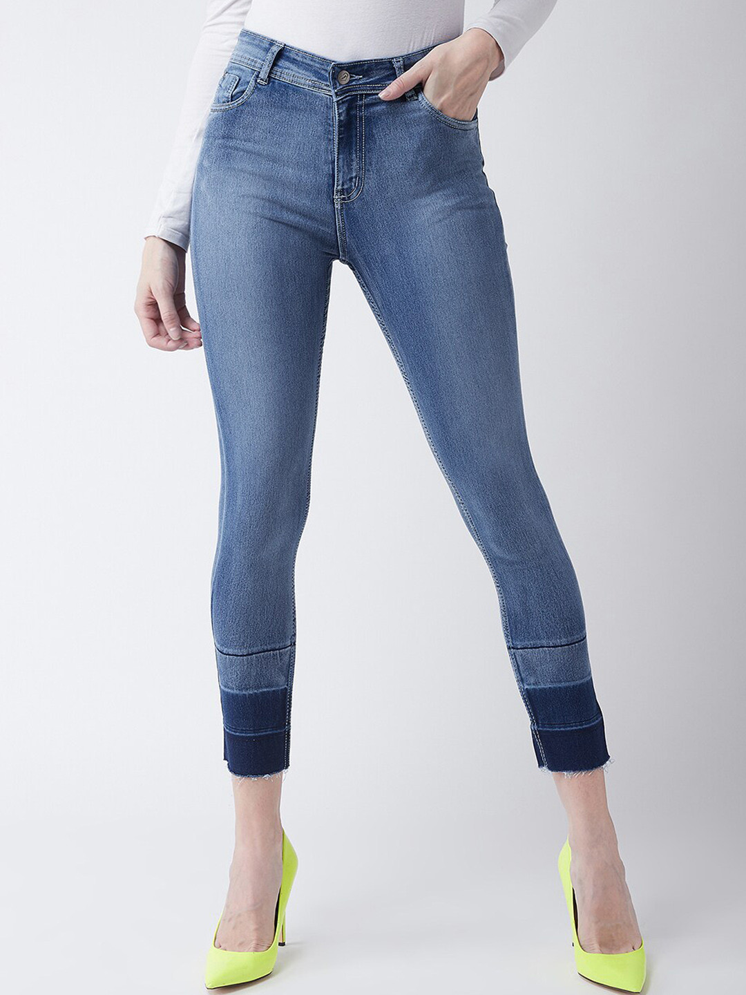 DressBerry Women Skinny Fit High Rise Light Fade Frayed Hem Cropped Stretchable Jeans