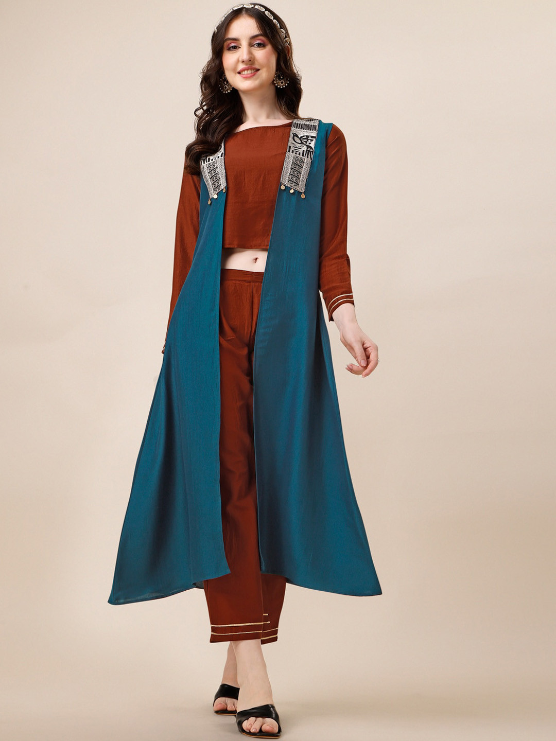 Sangria Embroidered Crop Top With Palazzo & Jacket