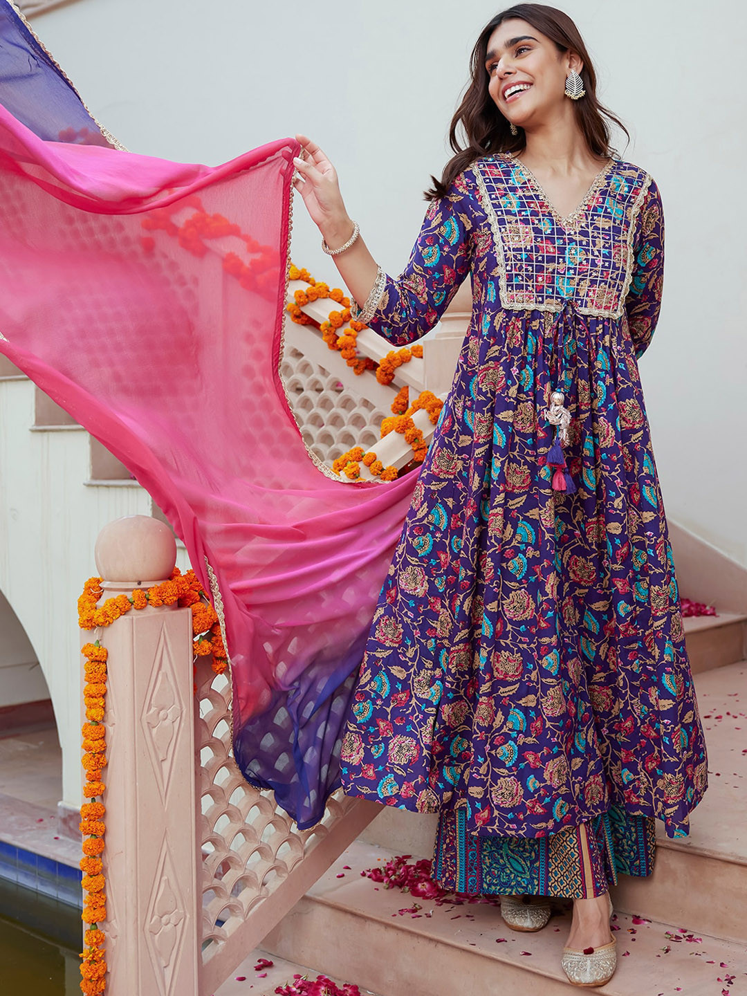Janasya Women's Purple Pure Cotton Ethnic Printed Kurta Set