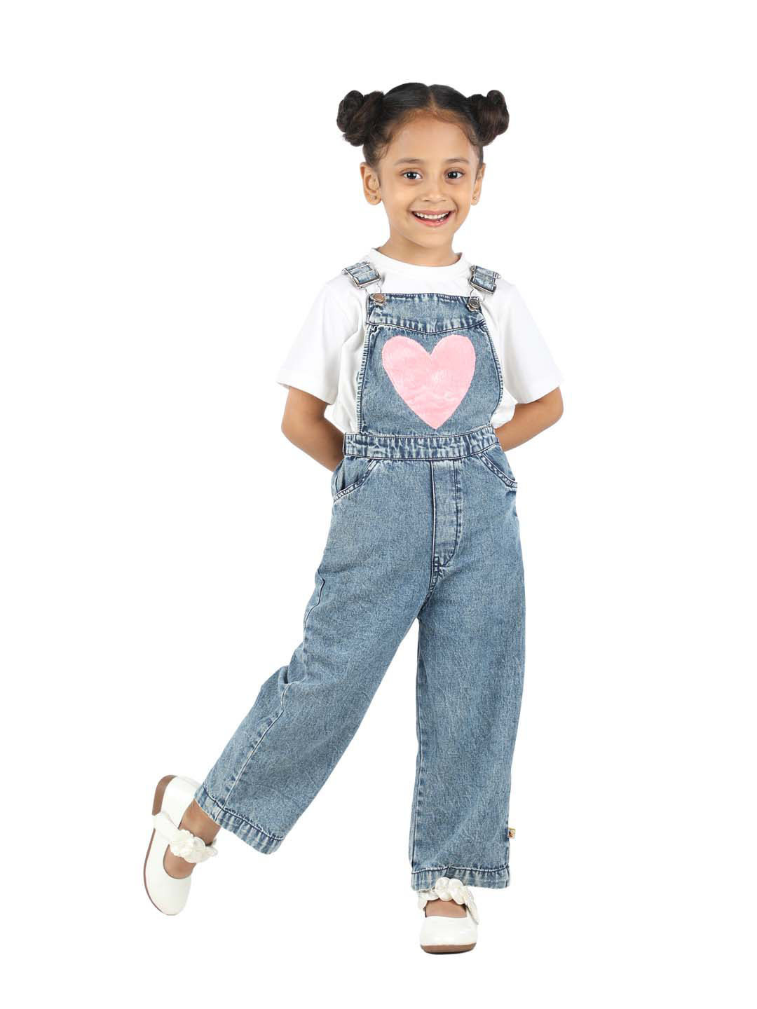 Budding Bees Stylish Denim Dungaree With Heart Fur Patch