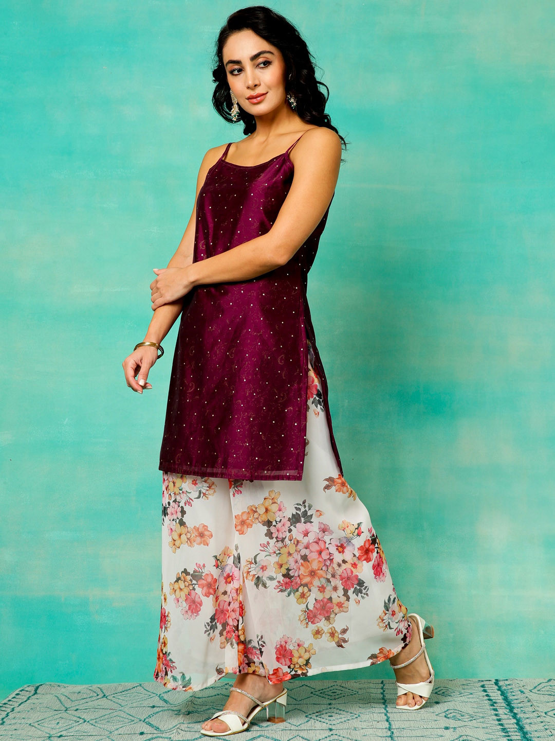 Anouk Women Purple Floral Printed Regular Chanderi Silk Kurta with Palazzos & With Dupatta