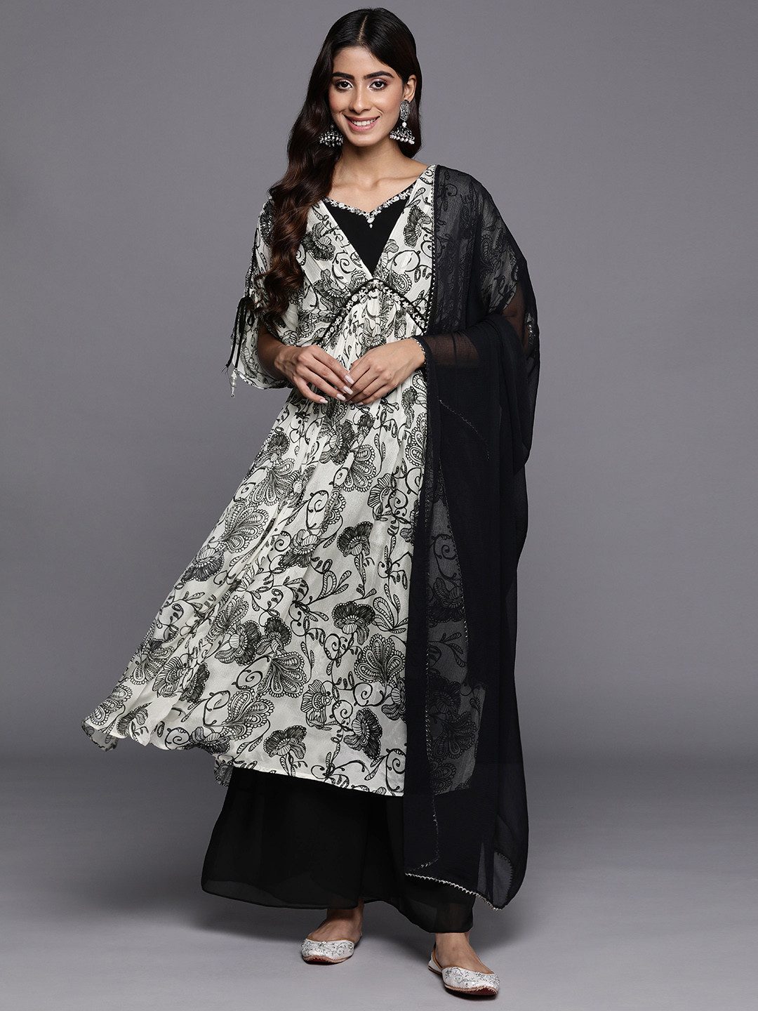 Varanga Women Floral Print High Slit Beaded Pure Silk Kurta With Palazzos & Dupatta
