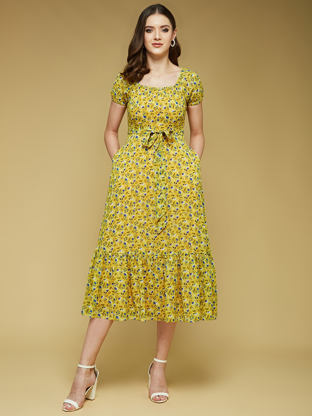 DressBerry Yellow Floral Printed Tie Ups A-Line Midi Dress
