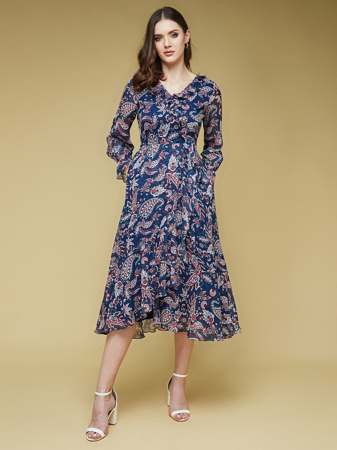 DressBerry Navy Blue Floral Printed V-Neck Ruffles Detail Wrap Dress