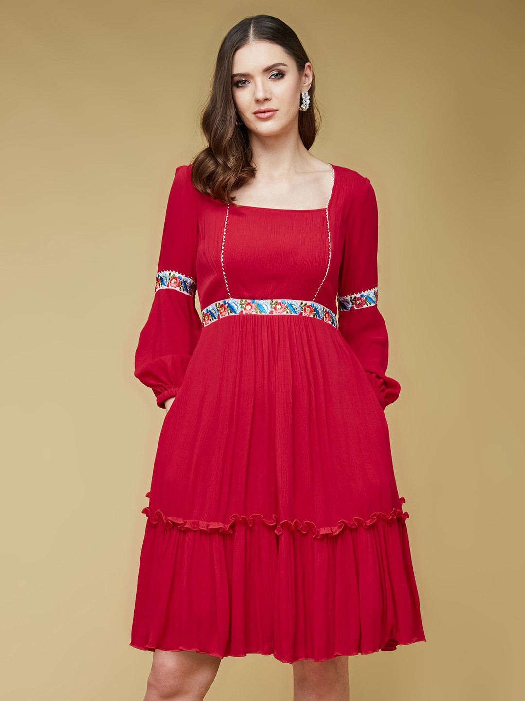 DressBerry Red Puff Sleeves Gathered A-Line Dress