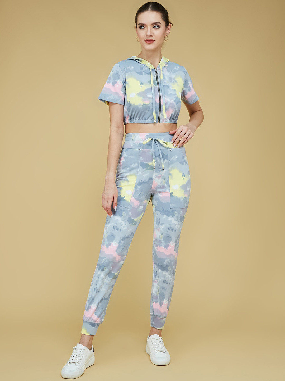 DressBerry Grey Tie & Dye Dyed Hooded Crop Top With Jogger