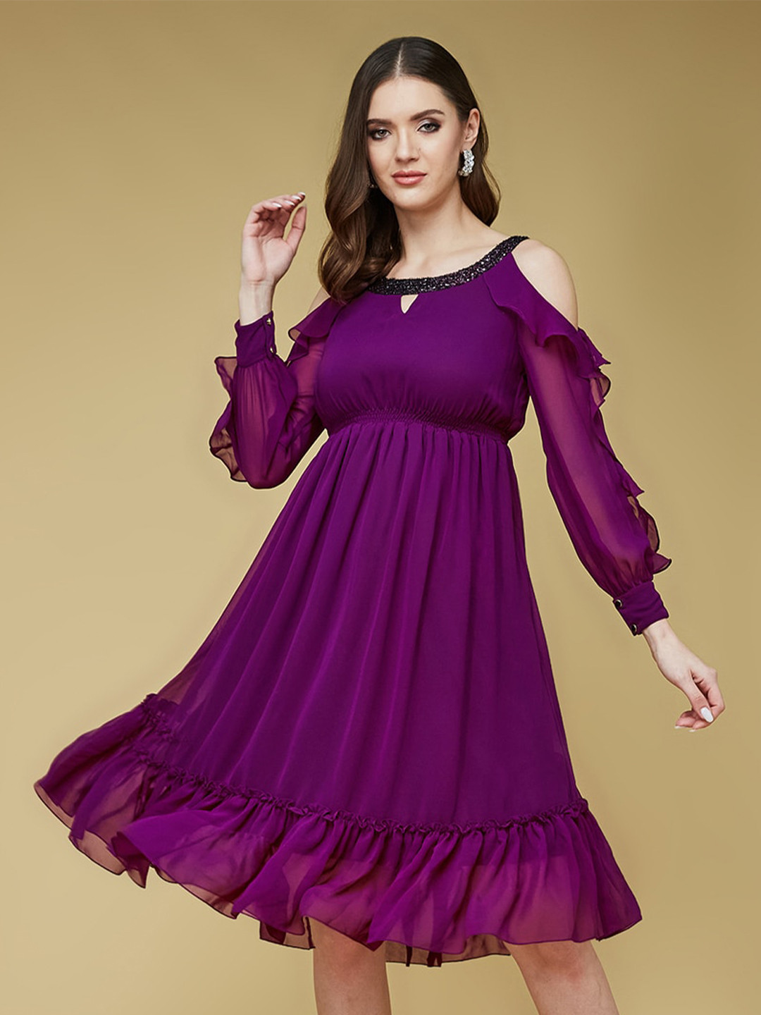 DressBerry Purple Keyhole Neck Cold-Shoulder Sleeves A-Line Dress