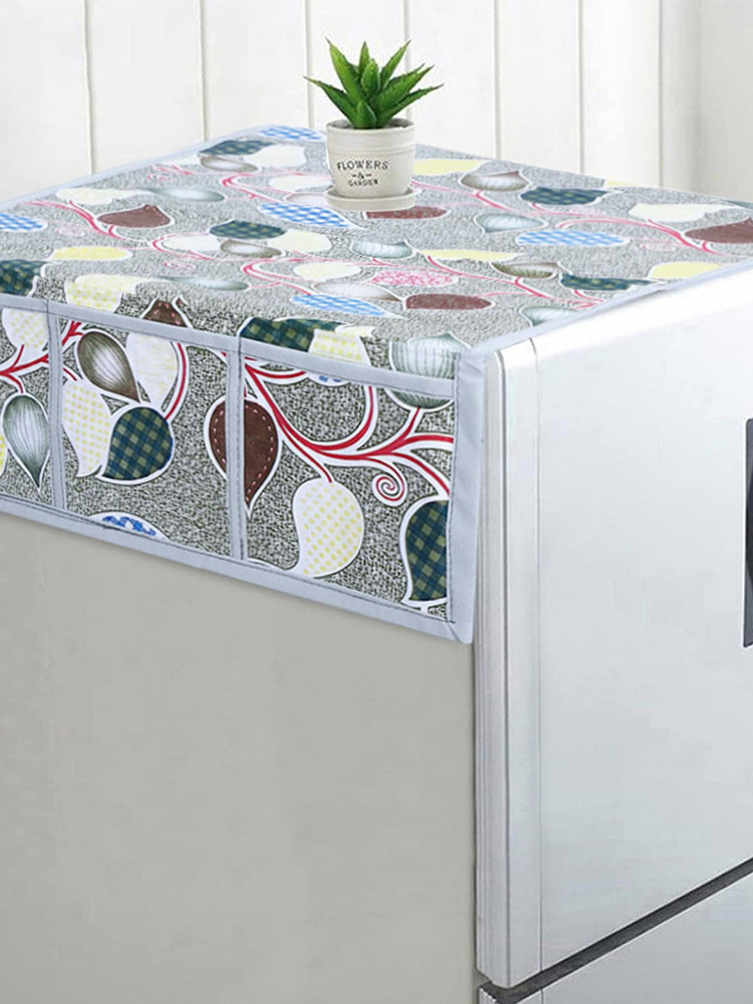Dakshya Industries Grey & Green Printed Refrigerator Cover