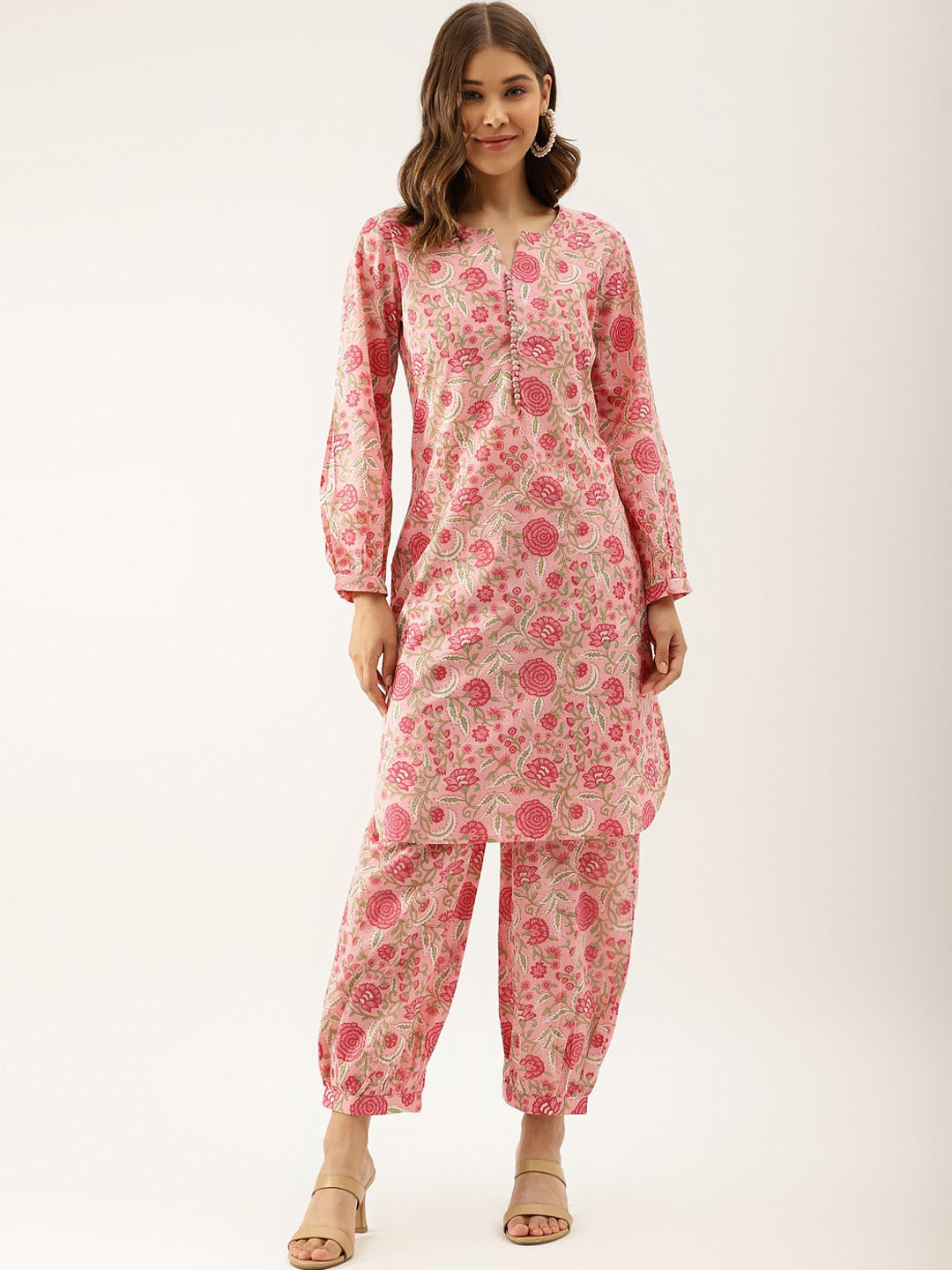Divena Women Pink Floral Printed Regular Pure Cotton Kurta with Harem Pants