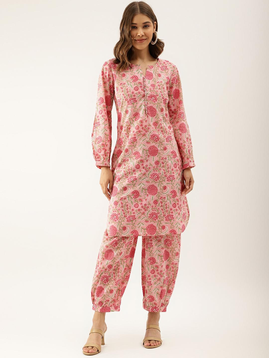 Divena Women Pink Floral Printed Regular Pure Cotton Kurta with Harem Pants
