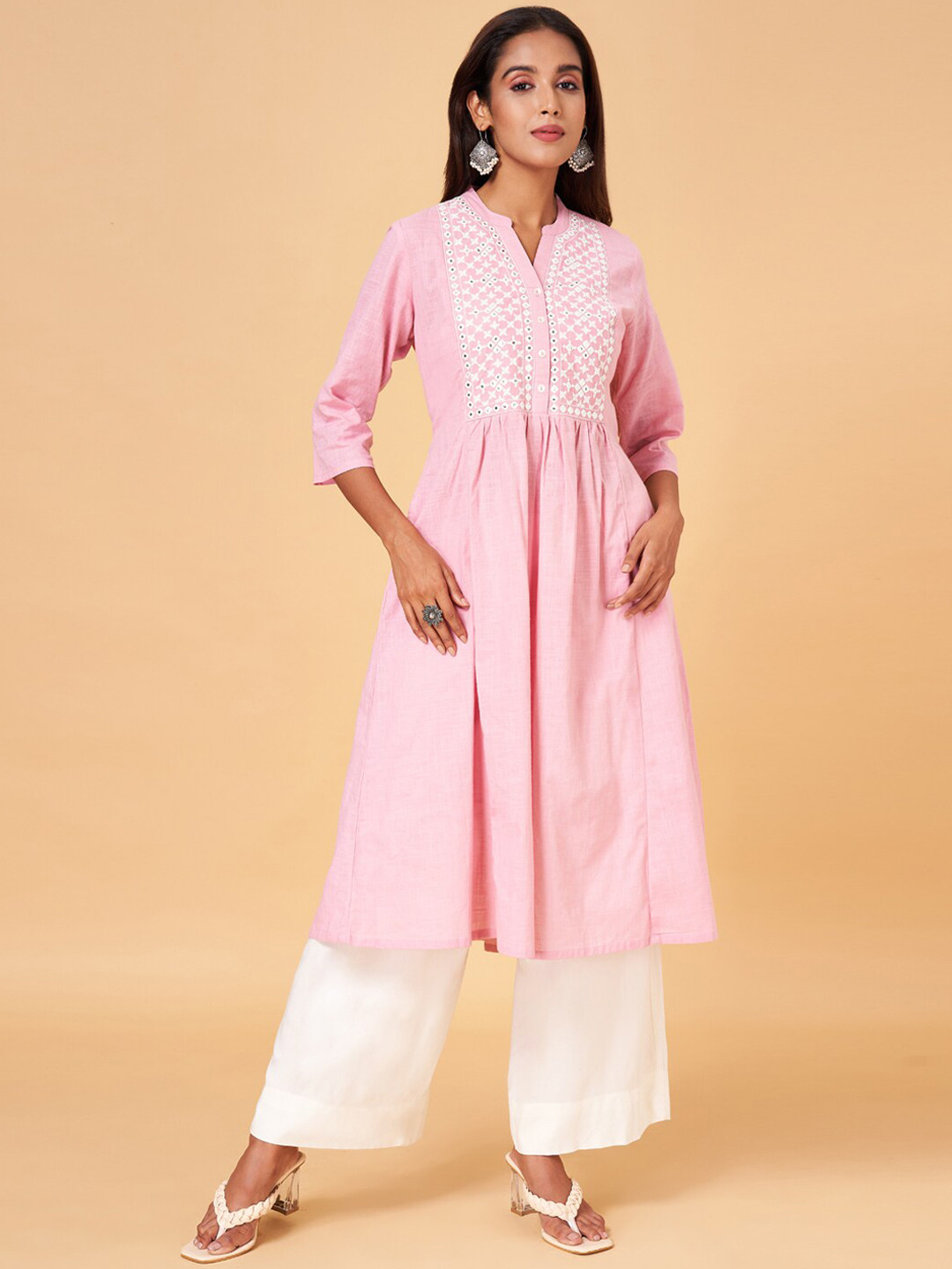 RANGMANCH BY PANTALOONS Women Lavender Ethnic Motifs Yoke Design Chikankari Kurta