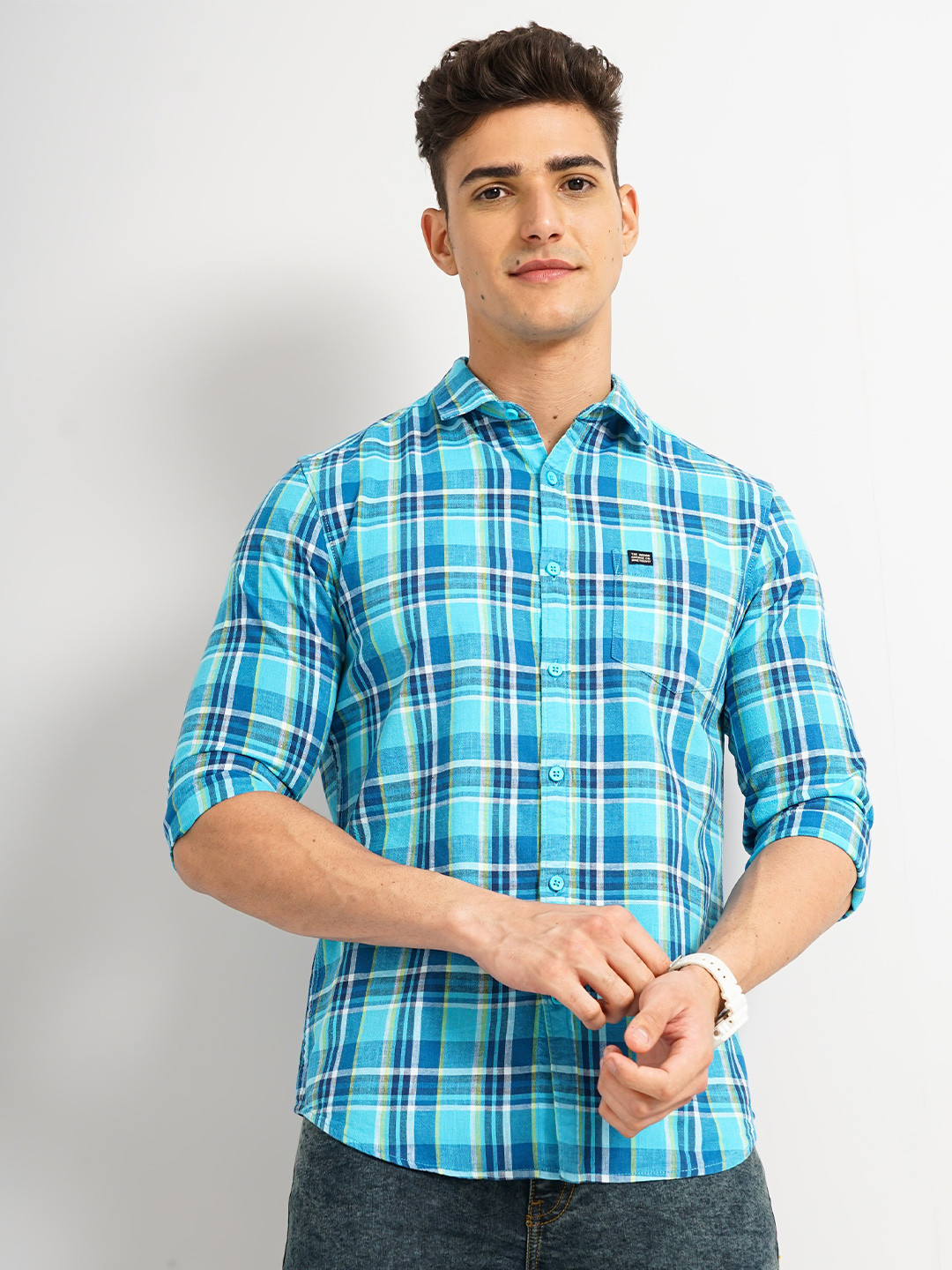 The Indian Garage Co Tartan Checked Cotton Slim Fit Opaque Casual Shirt