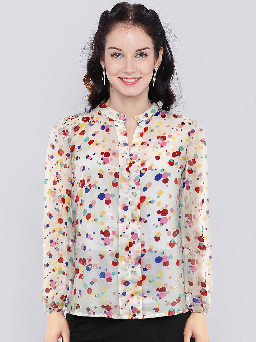 BAESD Polka Dots Printed Mandarin Collar Cuffed Sleeves Georgette Shirt Style Top
