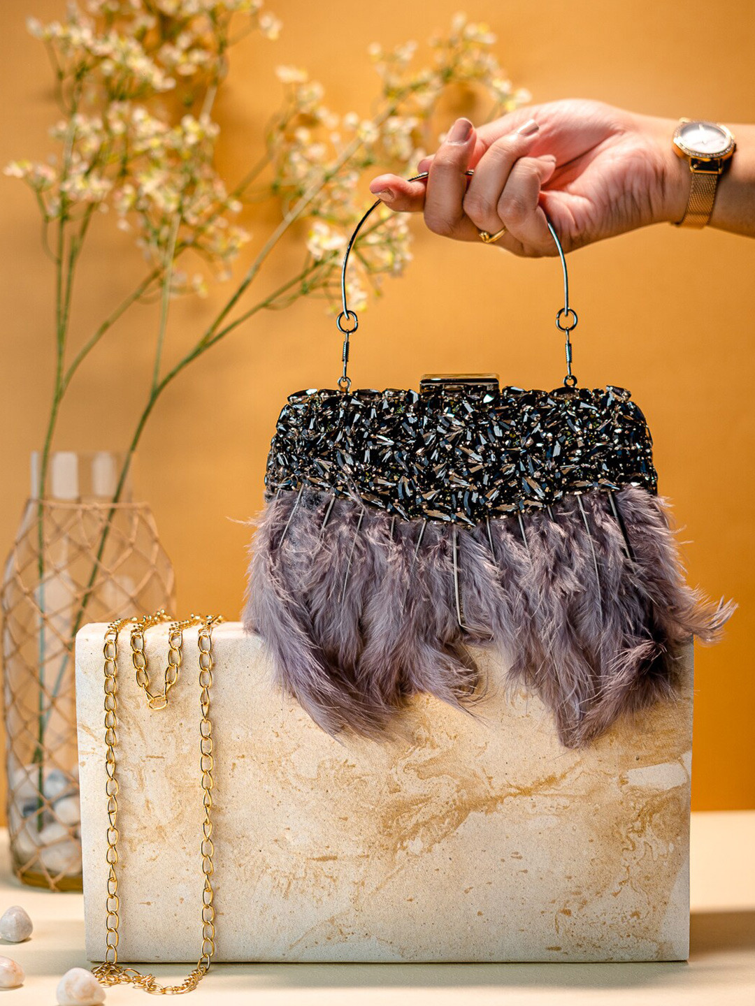 NR By Nidhi Rathi Feather Embellished Box Clutch