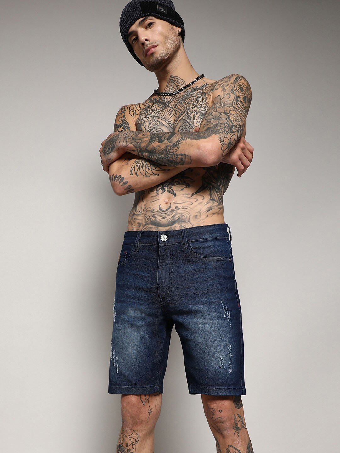 Campus Sutra Men Washed Outdoor Cotton Denim Shorts with Technology