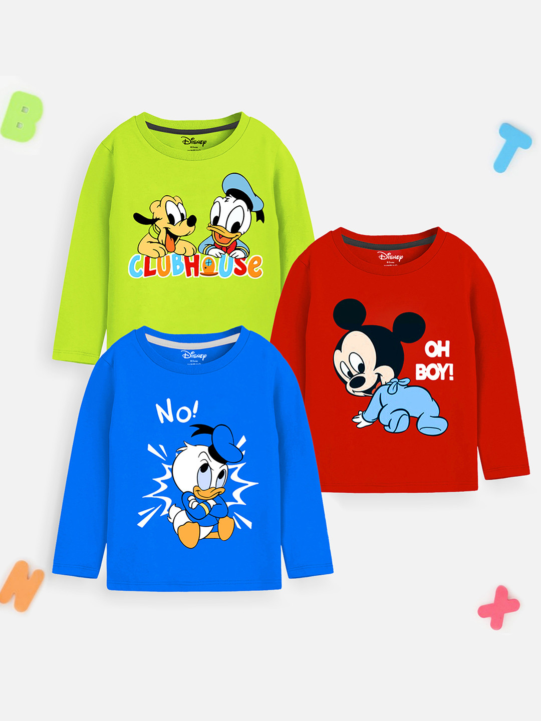 YK Disney Boys Pack Of 3 Humour and Comic Disney Graphic Printed Cotton T-Shirts