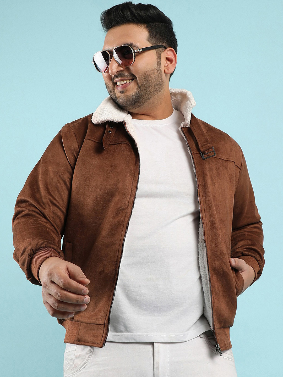Instafab Plus Men Brown Suede Windcheater Bomber Jacket