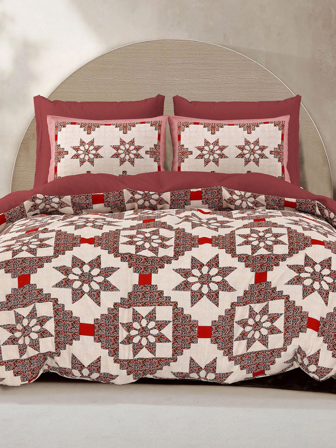 LIVING ROOTS Cream Ethnic Motifs Cotton Breathable 200 TC Super King Superfine Bedsheet with 2 Pillow Covers-216 x 262 cm