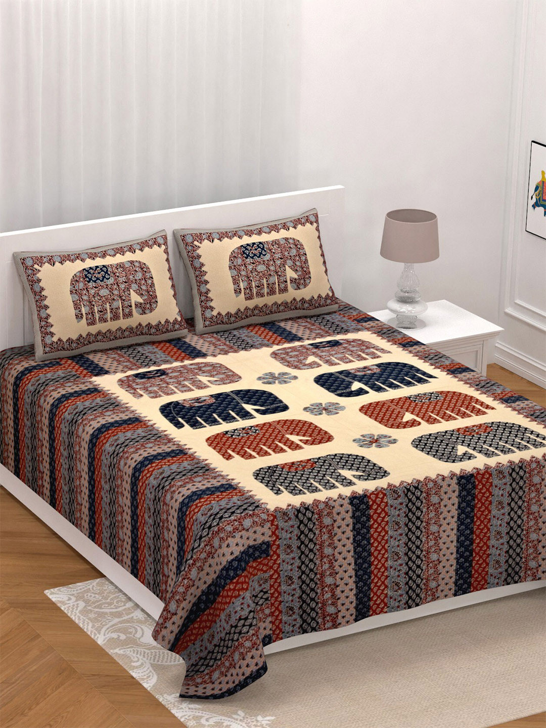 LIVING ROOTS Cream Ethnic Motifs Pure Cotton Breathable 300 TC King Fine Bedsheet with 2 Pillow Covers-85 x 103 inches