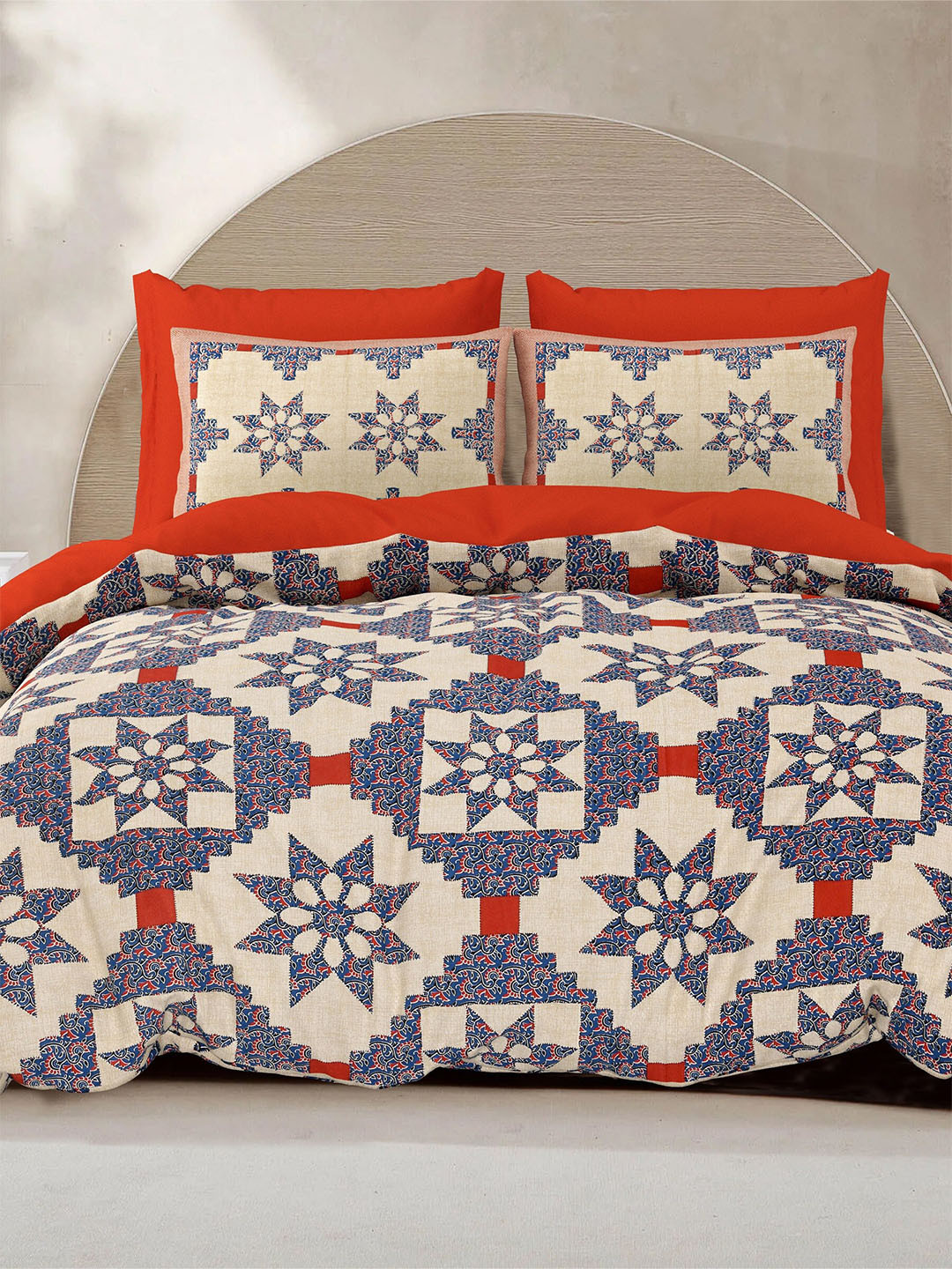 LIVING ROOTS Cream Ethnic Motifs Pure Cotton Breathable 210 TC King Superfine Bedsheet with 2 Pillow Covers-216 x 262 cm