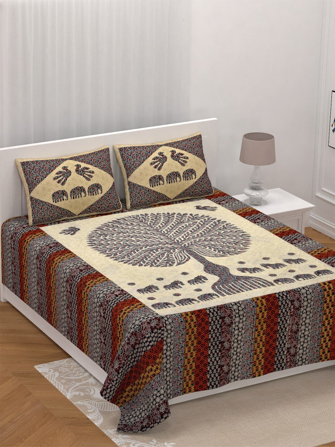 LIVING ROOTS Yellow Ethnic Motifs Pure Cotton Breathable 300 TC Super King Fine Bedsheet with 2 Pillow Covers-216 x 262 cm