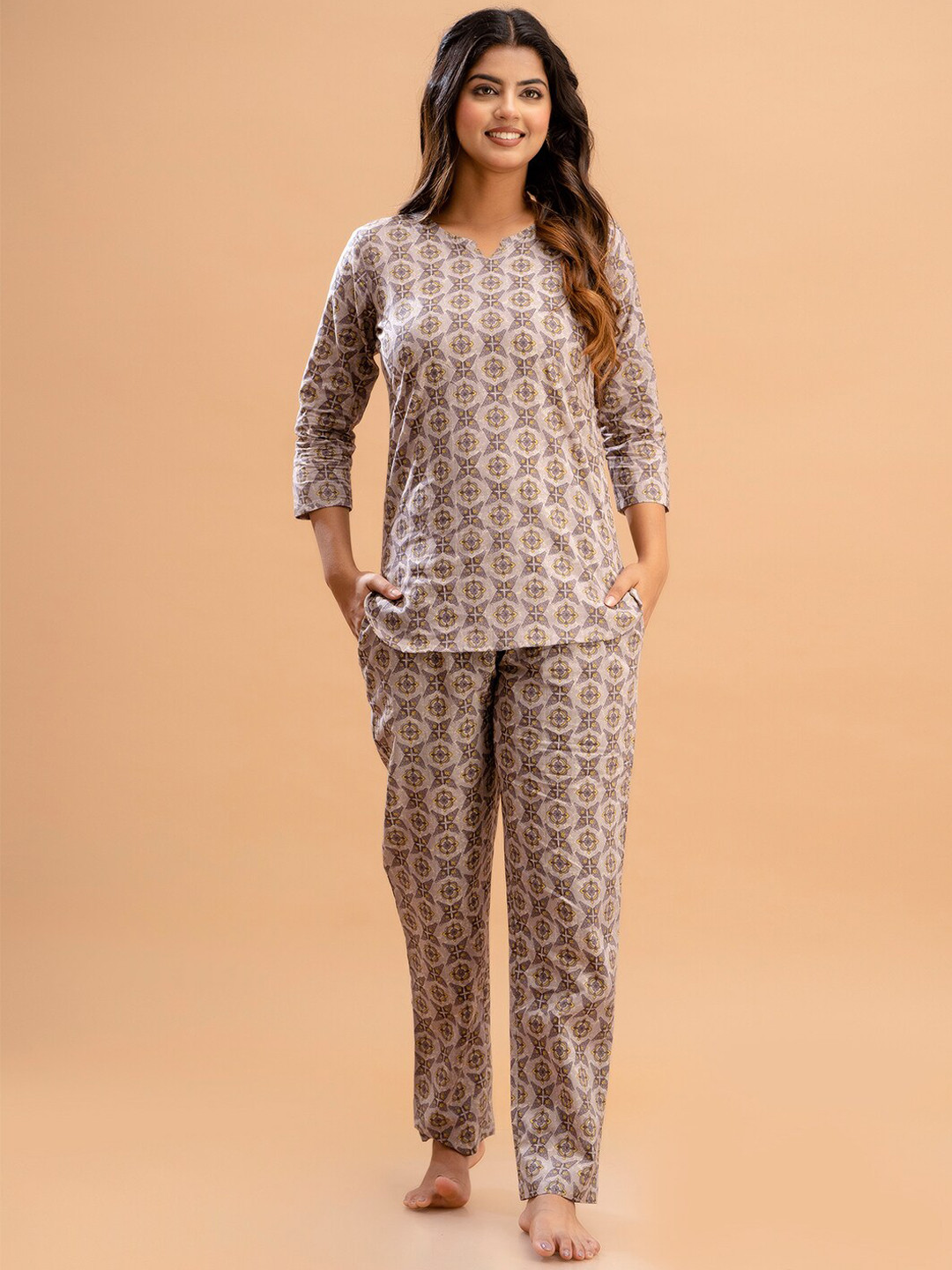 FERANOID Ethnic Motifs Printed Pure Cotton Night suit
