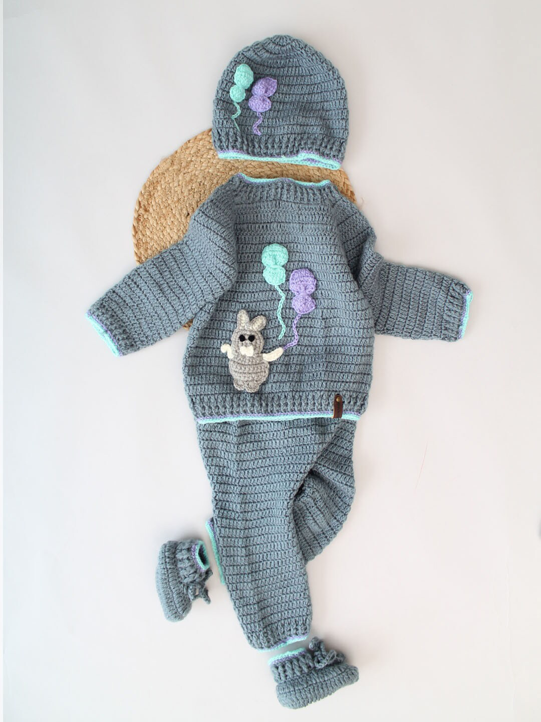 Woonie Infants Self Design Round Neck Crochet Sweater & Pyjamas With Cap & Boots