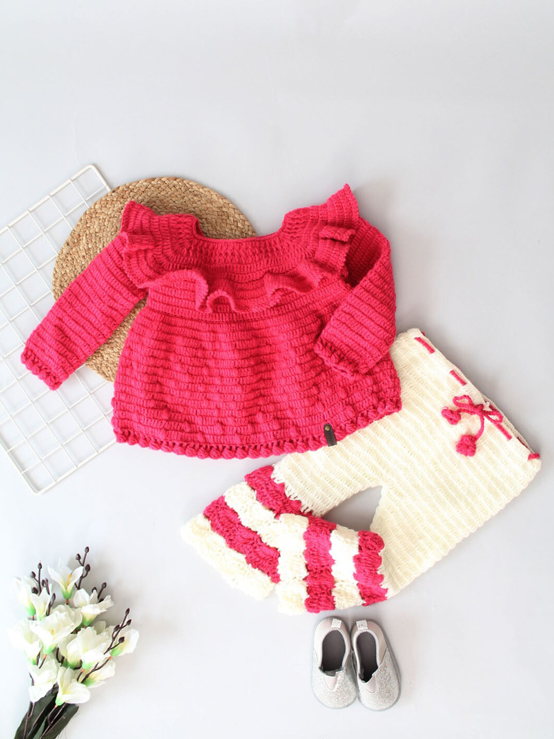 Woonie Kids Self Design Crochet Top with Pyjamas