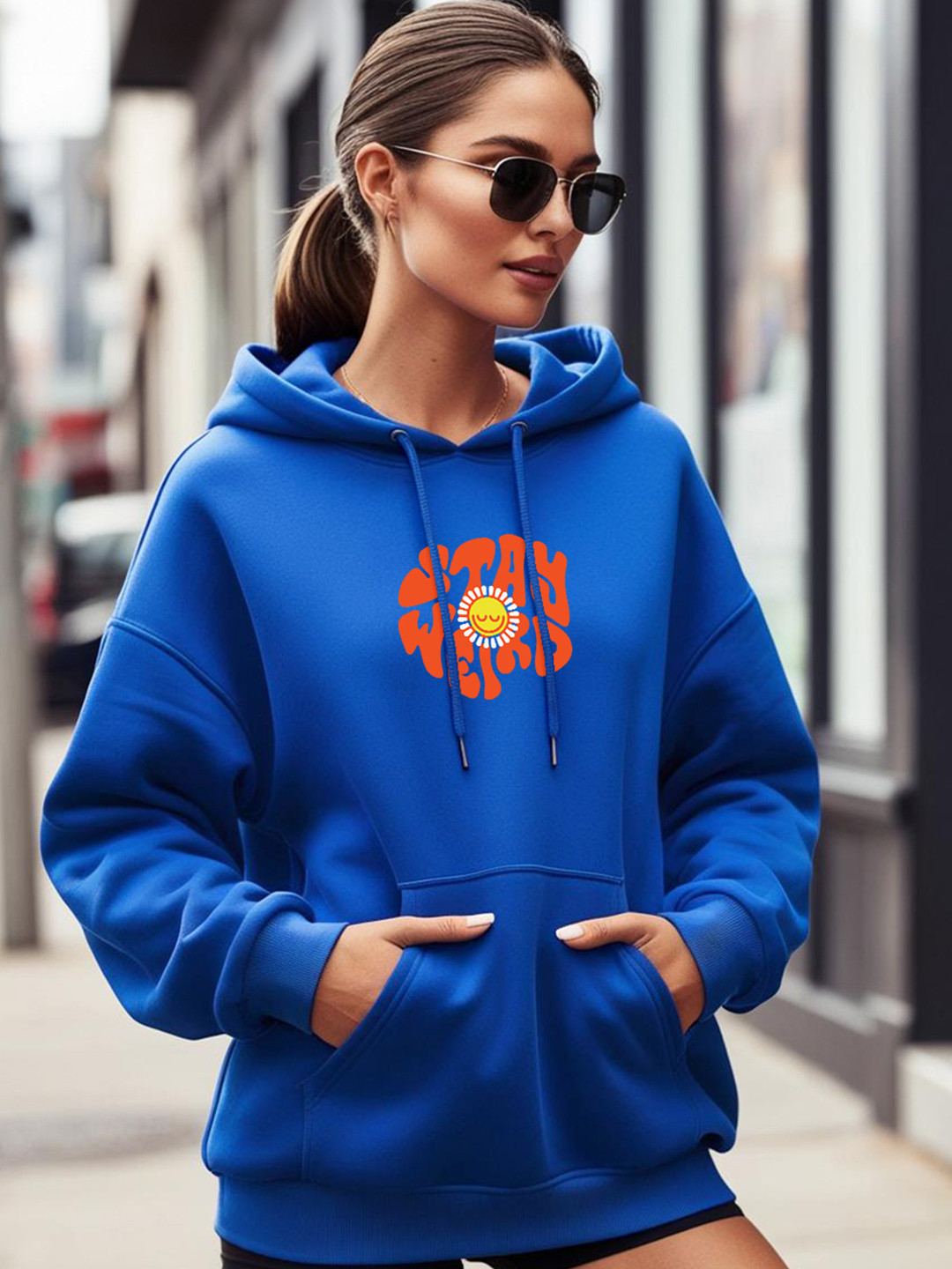 JUNEBERRY Women Blue Graphic Printed Cotton Fleece Hooded Pullover Oversized Sweatshirt