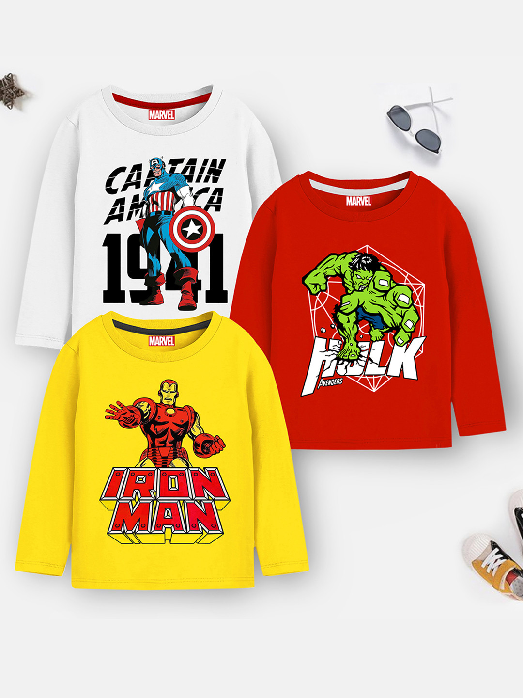 YK Marvel Boys Pack Of 3 Superhero Avengers Graphic Printed Cotton T-Shirts