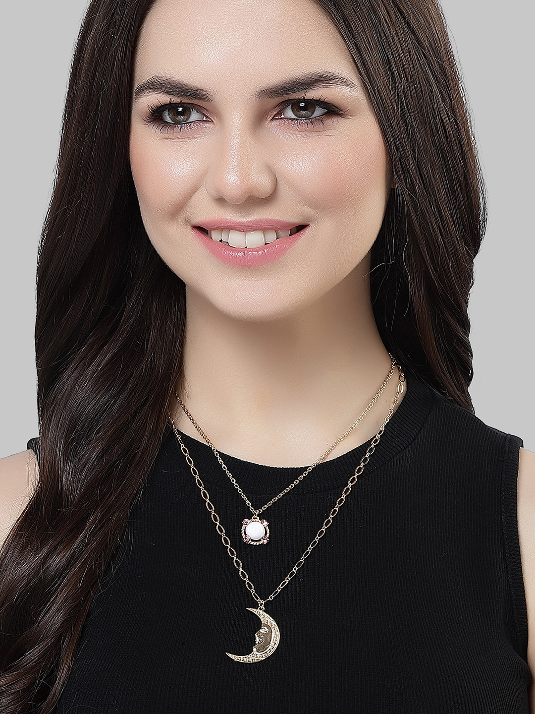Bohey by KARATCART Gold-Plated Half Moon Multicharm Multilayered Chain