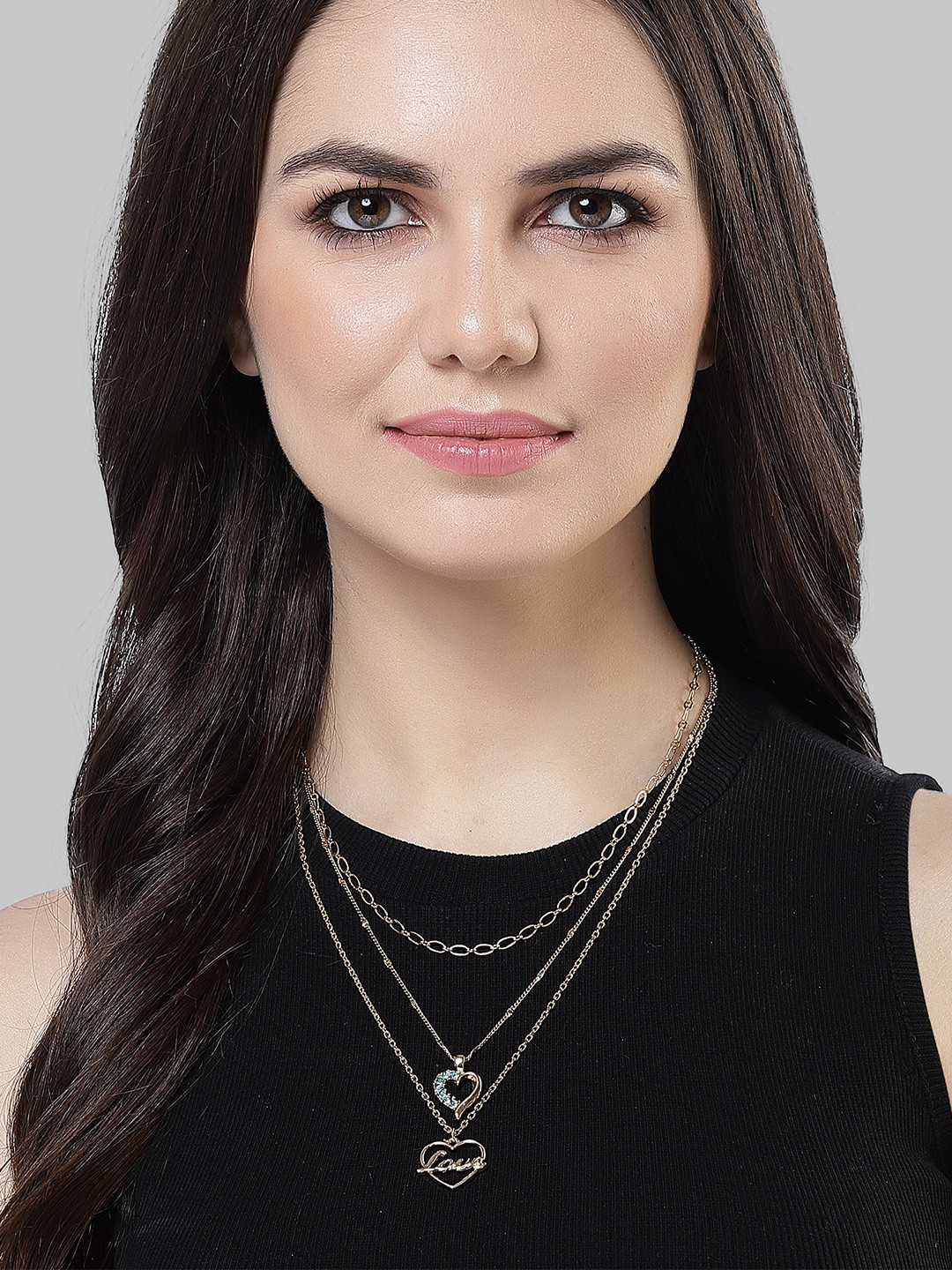 Bohey by KARATCART Gold-Plated Love & Heart Shape Multicharm Layered Chain