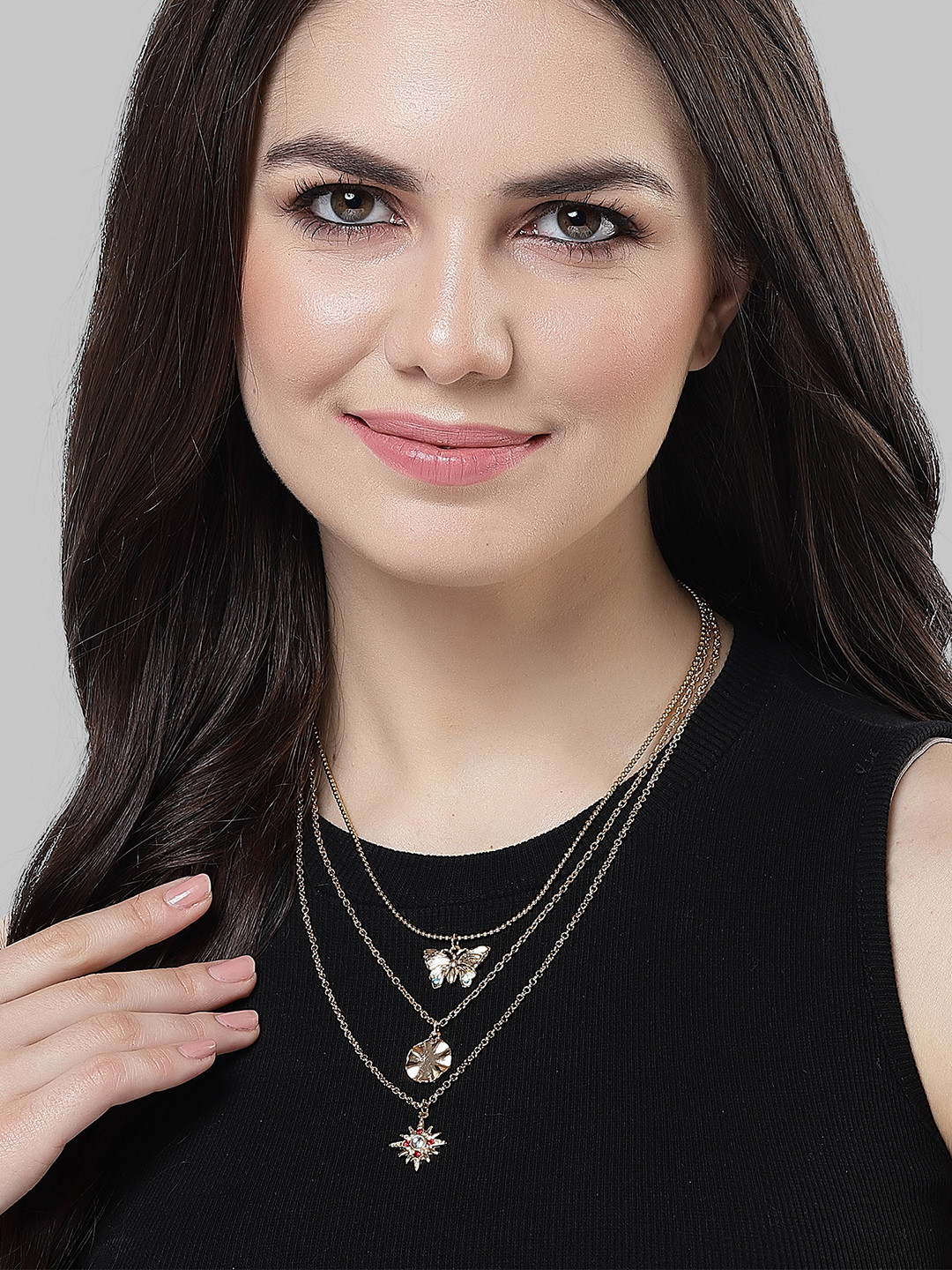 Bohey by KARATCART Gold-Plated Butterfly & Star Multicharm Layered Chain