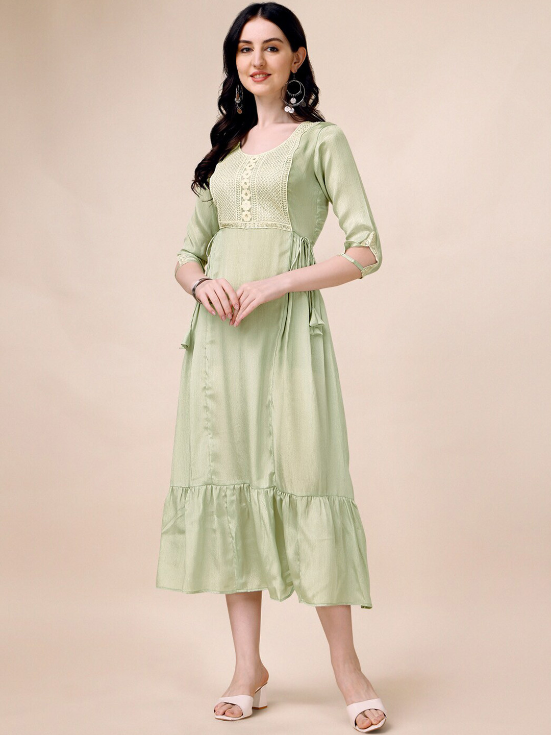 GOROLY Floral Embroidered Silk A-Line Ethnic Dress