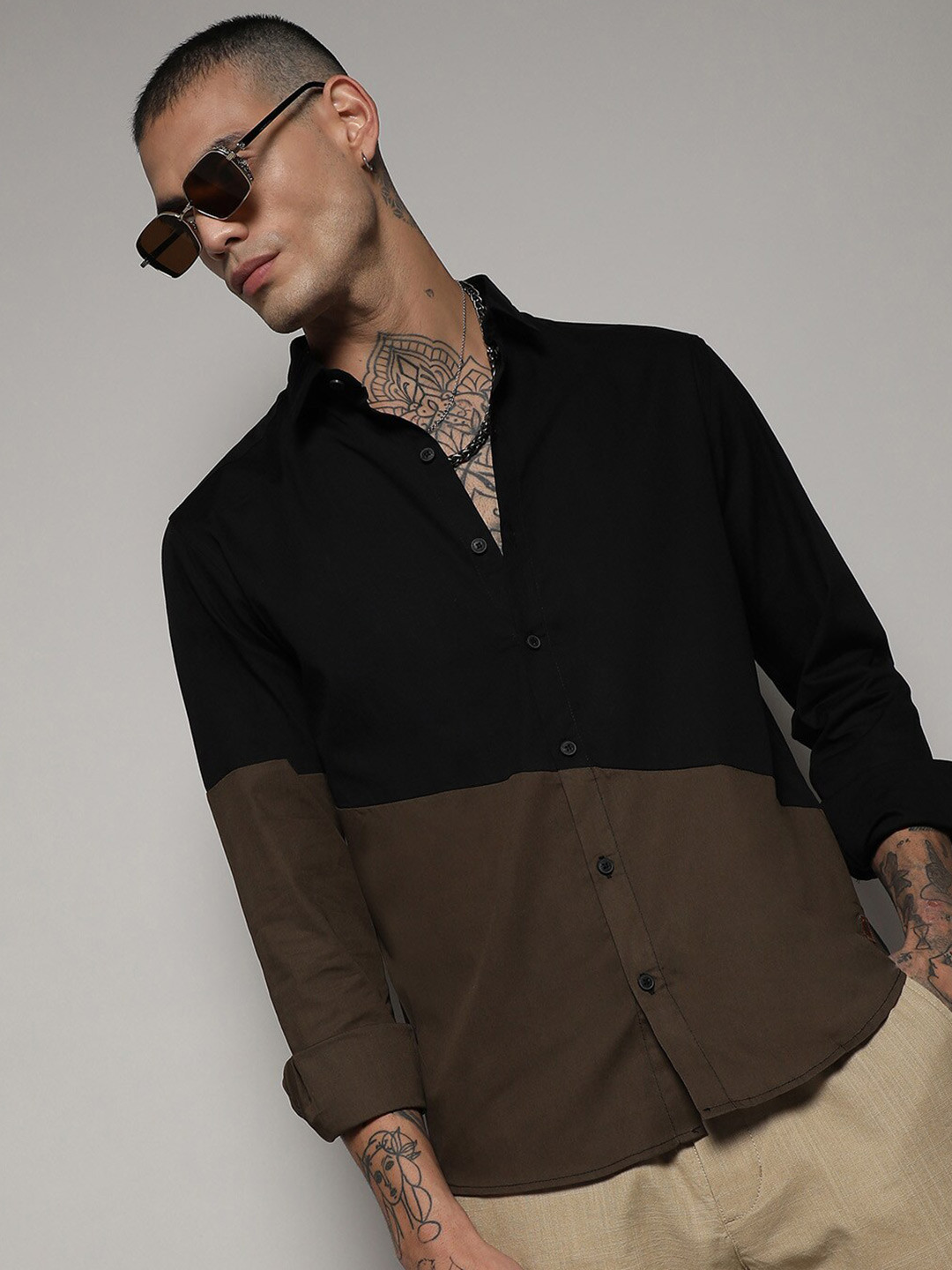 Campus Sutra Black & Brown Classic Cotton Casual Shirt